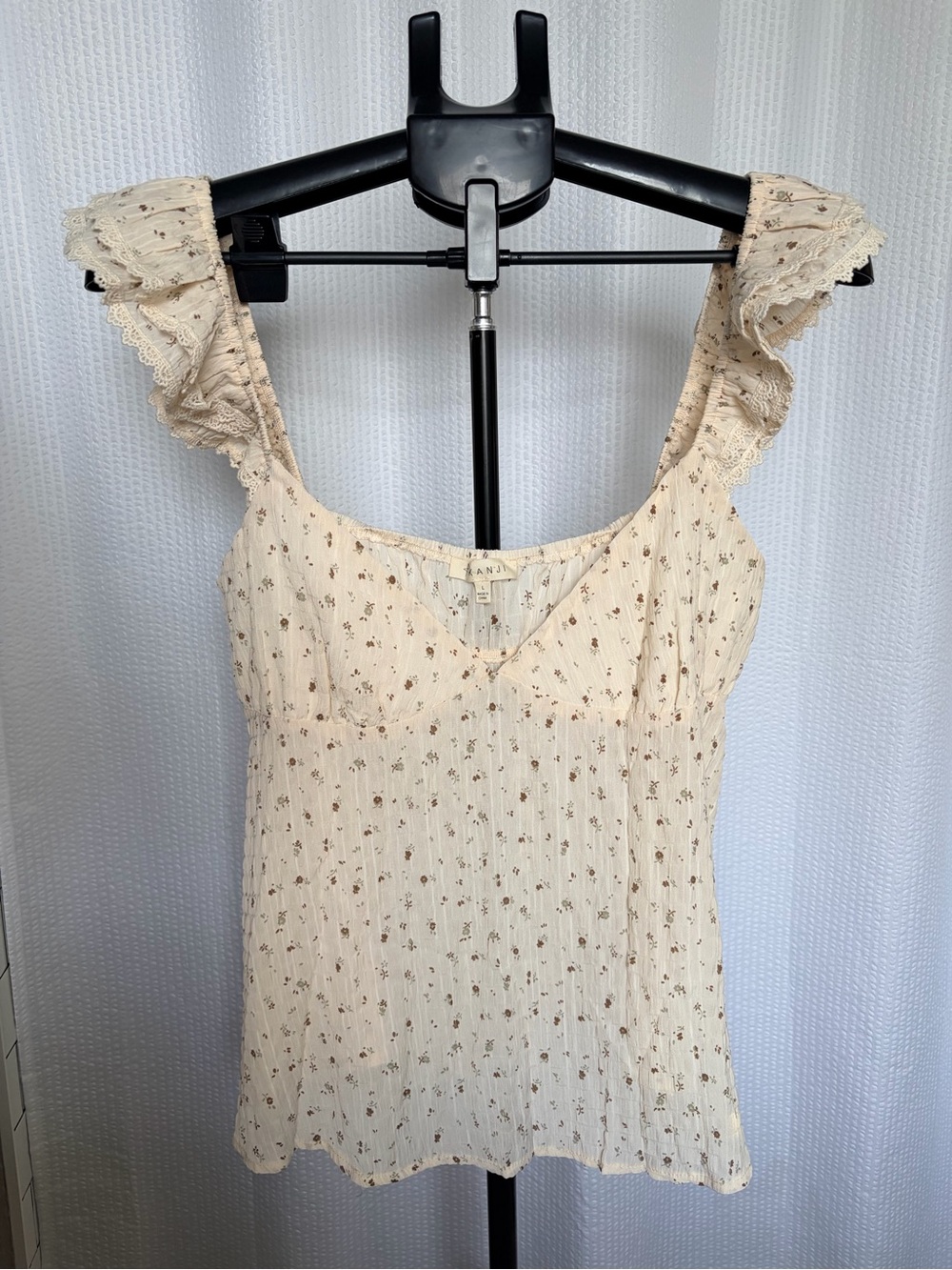 Cream Floral Ruffle-Shoulder Festival, Boho, Cottage Core Tank Top